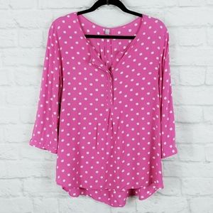 Pink Blouse w/ White Polka Dots 3/4 Sleeves V Neck